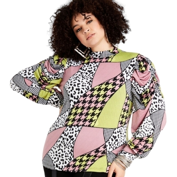 Ashley Stewart | Women's Mixed Print Drama Puff Sleeved Top (Size 14/16) - Picture 1 of 11